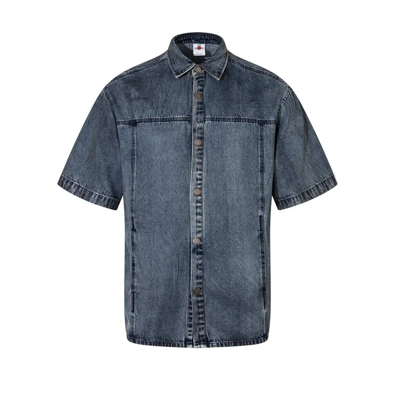 Spliced Denim Shirts Men Lapel Single Breasted Half-Sleeve Jeans Shirts Men