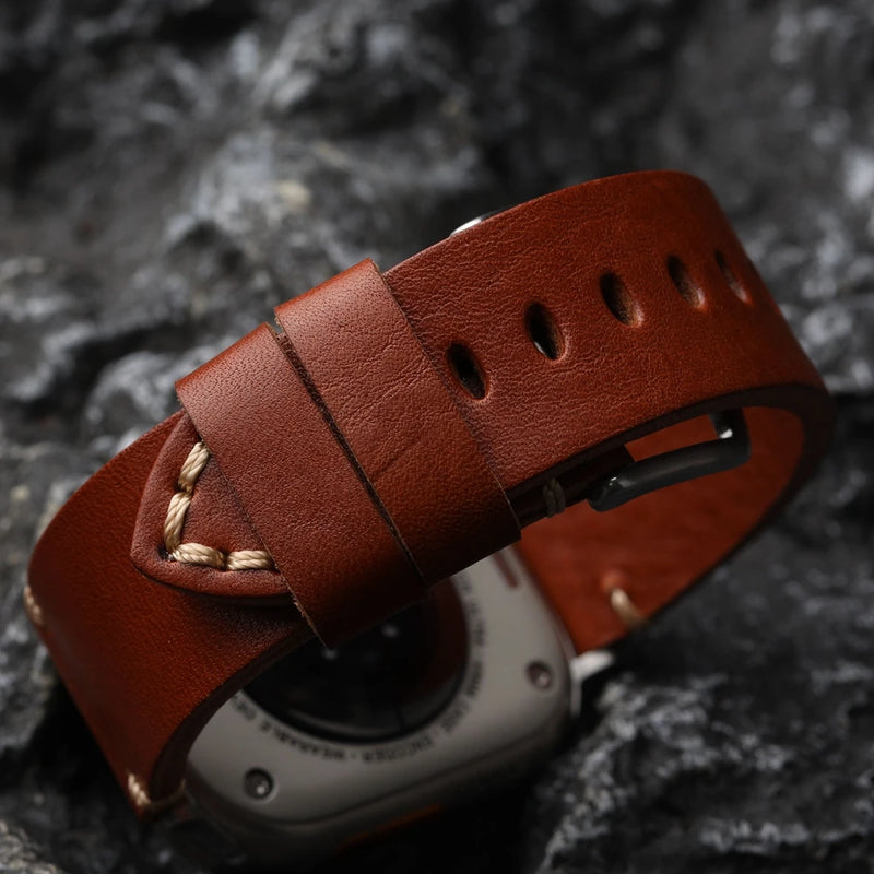 Handcrafted Maroon Retro Watchband For Apple Watch Thickened Punk Leather Strap Thickened