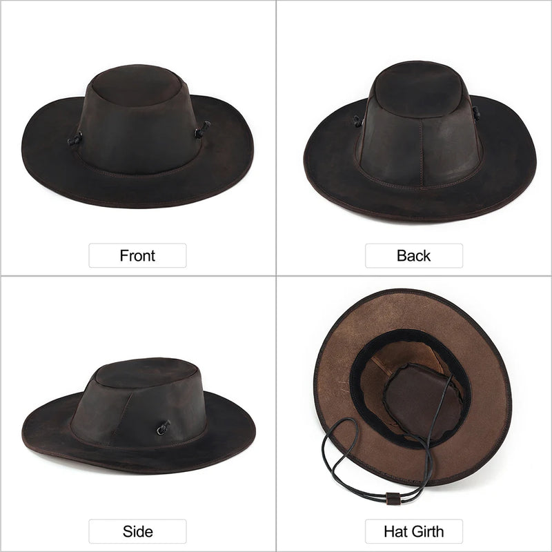 Genuine Leather Male Western Cowboy Hat Vintage Jazz Fedora Leather Large 62CM for Men