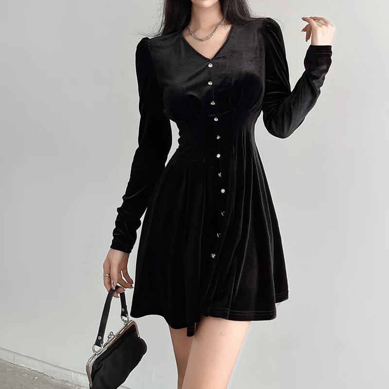 Velvet Long Sleeve Mini Dresses for Women Buttons Club Party Pleated Dress Solid