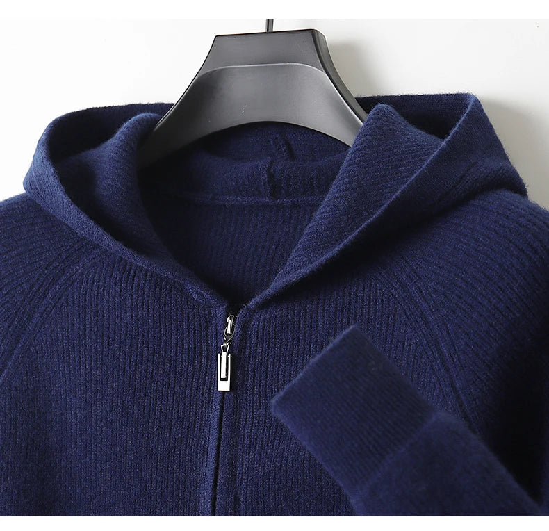 Autumn Winter Cashmere Sweater Wool Men Cardigan Hooded Collar Knitted Jacket Warm Tops