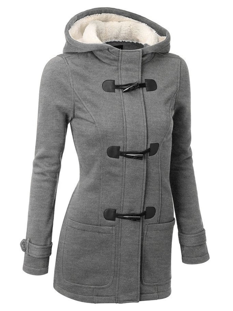 Women Trench Jacket Hooded Long Sleeve Coat Female Spring Solid Horn Button Ladies Zipper Outwears