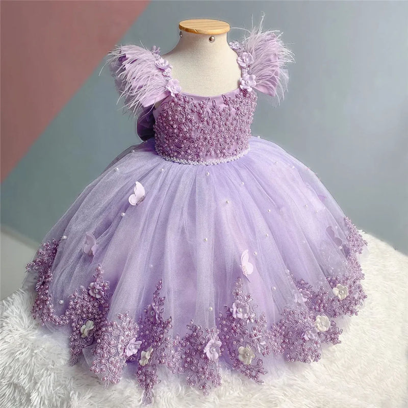 Elegant Applique Flower Girl Dress Wedding Butterfly Feather luxury With Pearls Bow Puffy