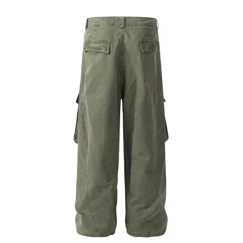 Spliced Pocket Cargo Pants Men Safari Loose Pleated Straight Wide Leg Trousers Men