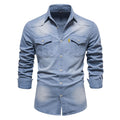 Men Denim Long Sleeve Shirts Casual Solid Single Breasted Top Men Elastic Pure Cotton