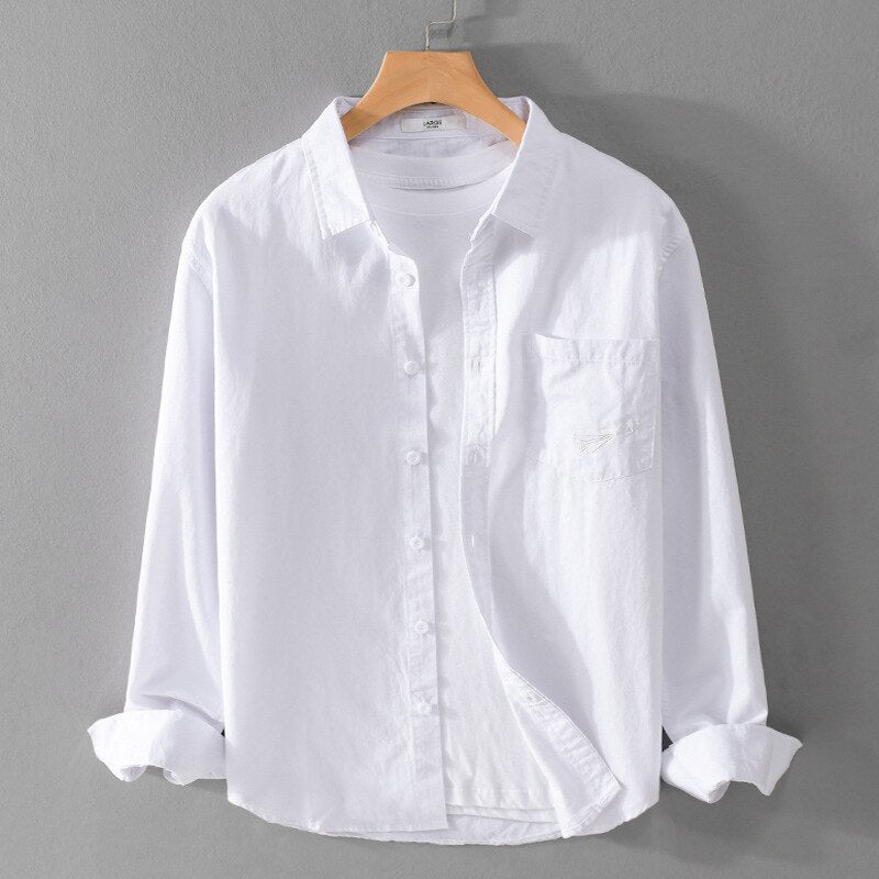 Spring Fall Trendy Men Solid Casual 100% Cotton Shirts Long Sleeve Simple Embroidery Versatile Blouses Tops Male