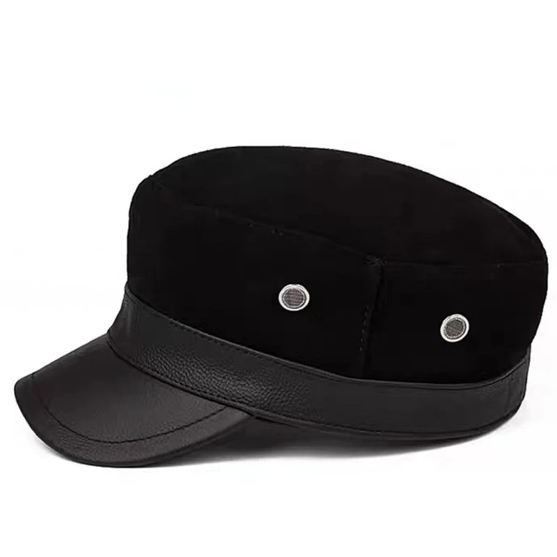 Autumn and Winter Genuine Leather Hat For Men Patchwork Flat Top