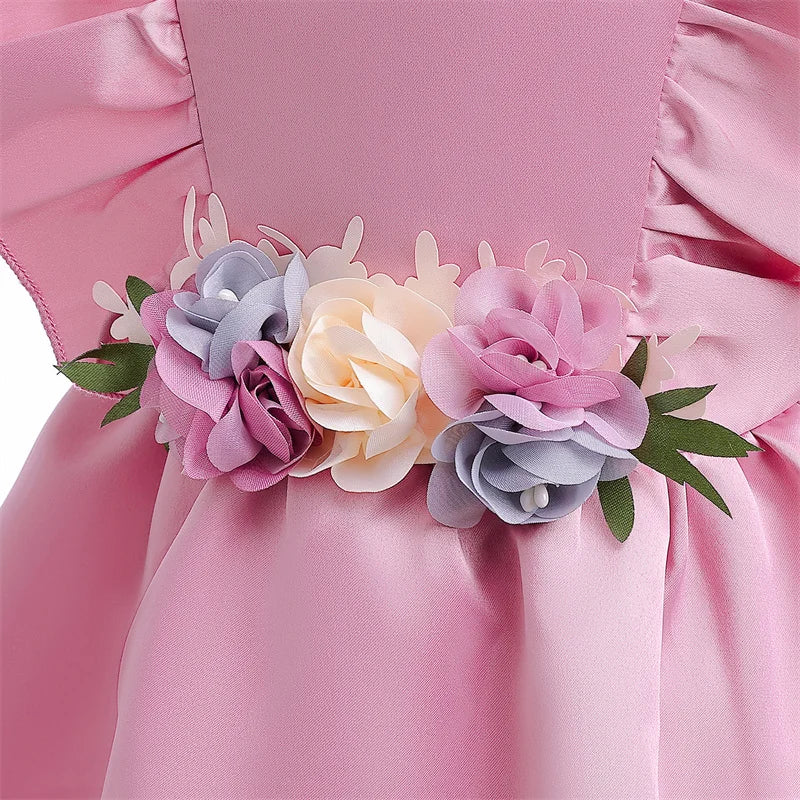 Floral Girls Wedding Dresses Puff Sleeve Princess Party Birthday Baby Clothing Frocks