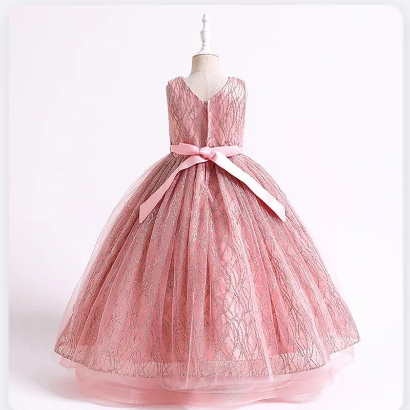 Girls Bow Dress For Wedding Party Birthday Children Costume For Kids Princess Performance Clothing