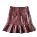 Women Leather Mini Skirt Female Lotus Leaf Swing Burgundy Short Wrap