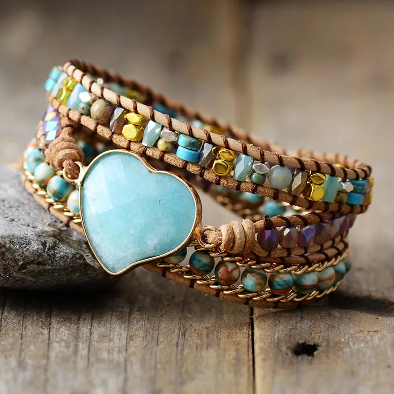 Stone Crystal Leather Wrap Bracelet Handmade Vintage Girls Anxiety Wristband Bangle Jewelry