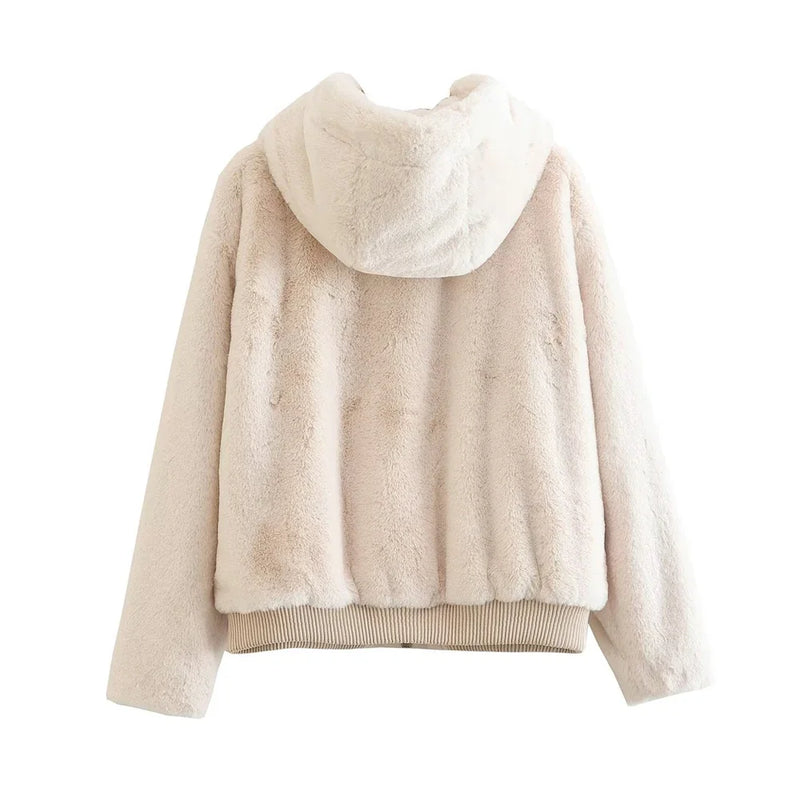 Women Thick Warm Faux Fur Hooded Jacket Coat Vintage Front Zipper Female Outerwear Chic Tops