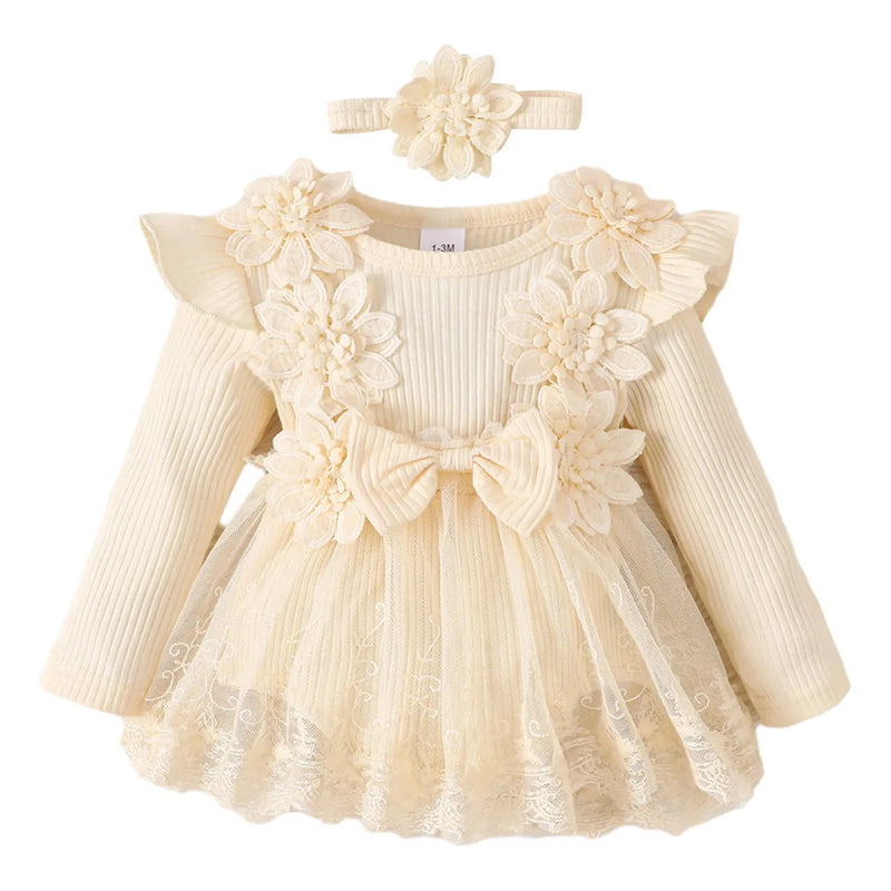 Infant Baby Girls Rompers Dress Flower Embroidery Tulle Rib Knit Bodysuit with Headband Toddler Kid Fall Winter