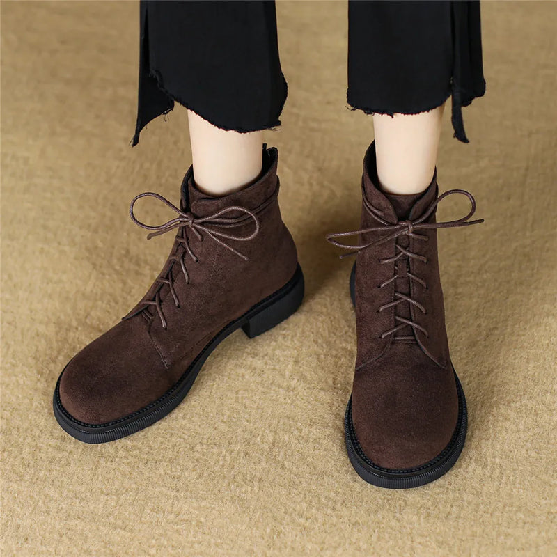 Women Flock Ankle Boots Round Toe Comfortable Low Thick Heels