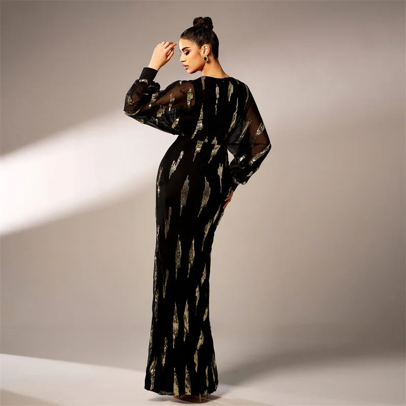 Deep Long Sleeved Black Long Dress Luxury Women Sequin High Slit Party Evening Gown