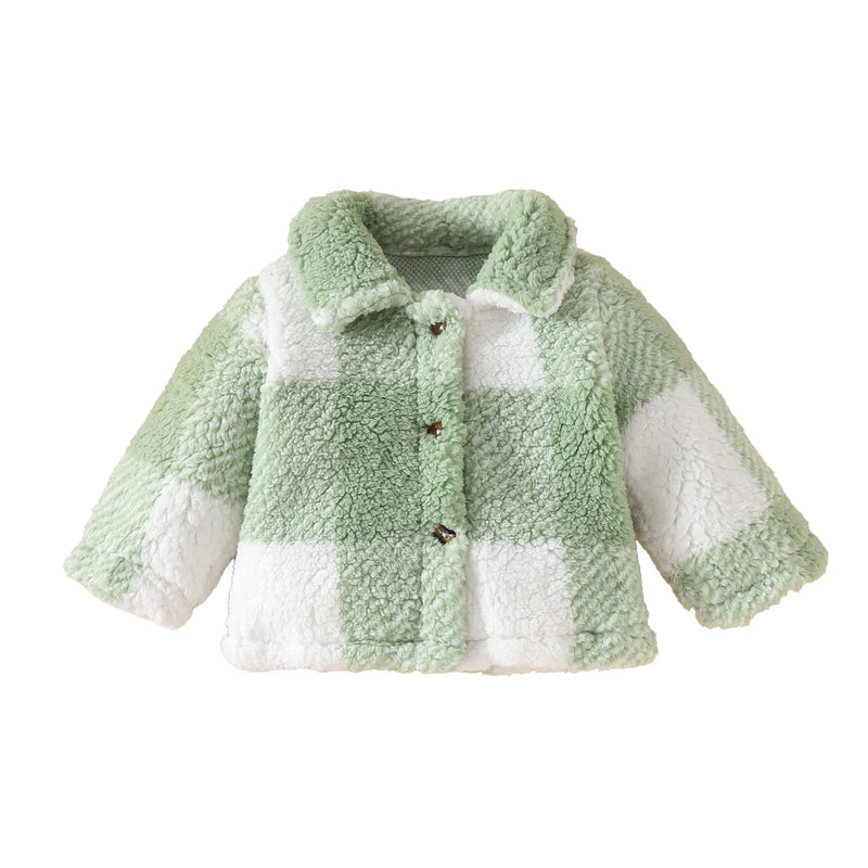 Infant Baby Girls Fall Winter Fuzzy Jacket Lapel Plaid Coat Thicken Warm Outerwear