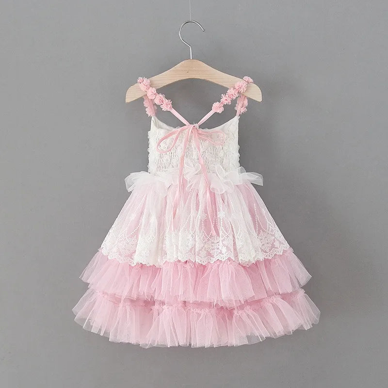 Summer Kids Girl Casual Dress Children's Floral Girl Flower Lace Mesh Suspender Sleeveless Skirt