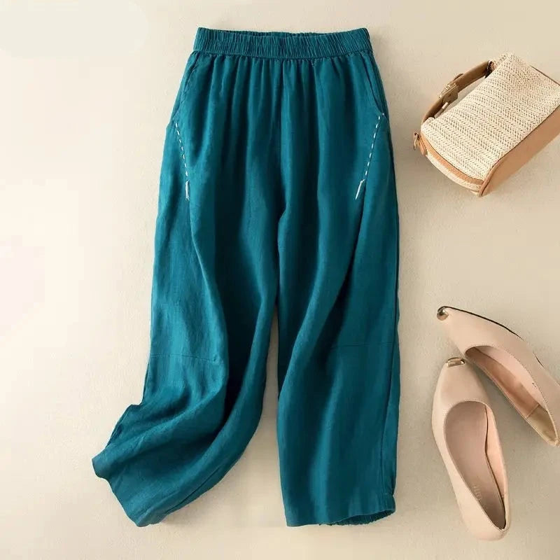 Linen Elastic High Waist Women Pants Bright Line Harem Pants for Women