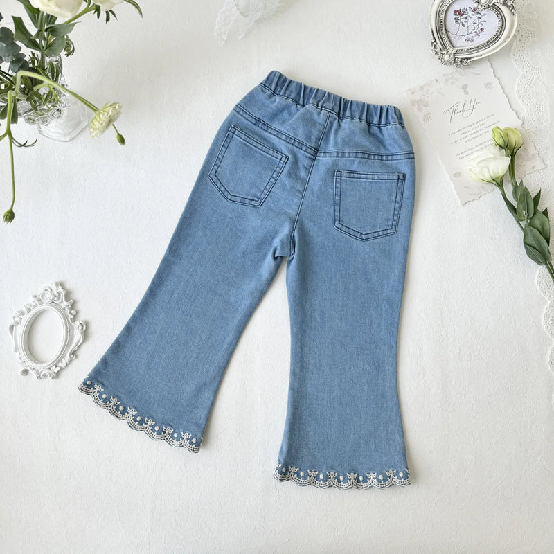 Kids Girl Jeans Floral Embroidery Spring Autumn Casual Trousers Children Denim Flare Elastic Pants