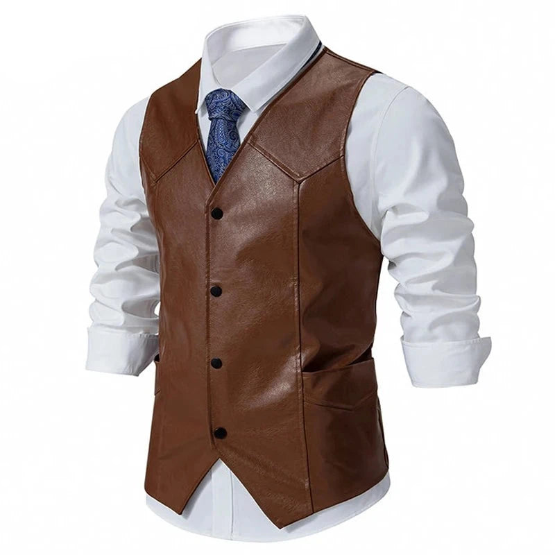 Leather Vest Motorcycle Men Vintage Single Breasted Western Cowboy Waistcoat Sleeveless Jackets Vest