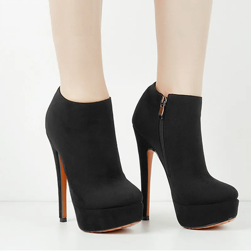 Classic High Heels Platform Boots Round Toe Black Suede Ankle Boots Women US5~US15