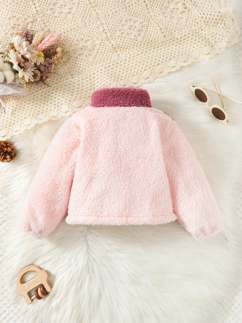 Kids Girl Plush Overcoat Long Sleeves Lapel Zippered Coat for Winter Outdoor Wear Blocking Warm Top