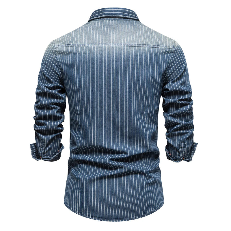 Men Denim Shirts Striped Stretch Long Sleeve Jeans Shirts for Men Casual Slim Cowboy Shirts