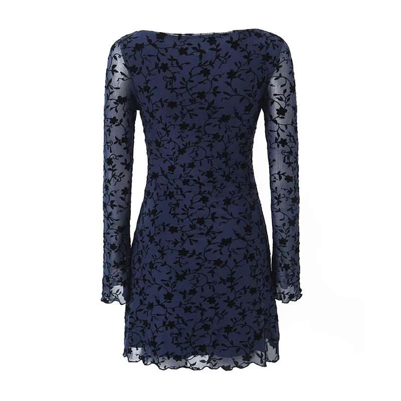 Autumn Women Long Sleeve Round Neck Floral Mesh Mini Dress