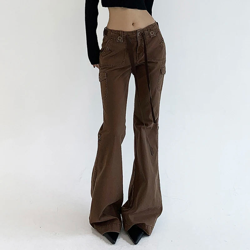 Chic Brown Low Waisted Flared Jeans Stitched Streetwear Denim Trousers