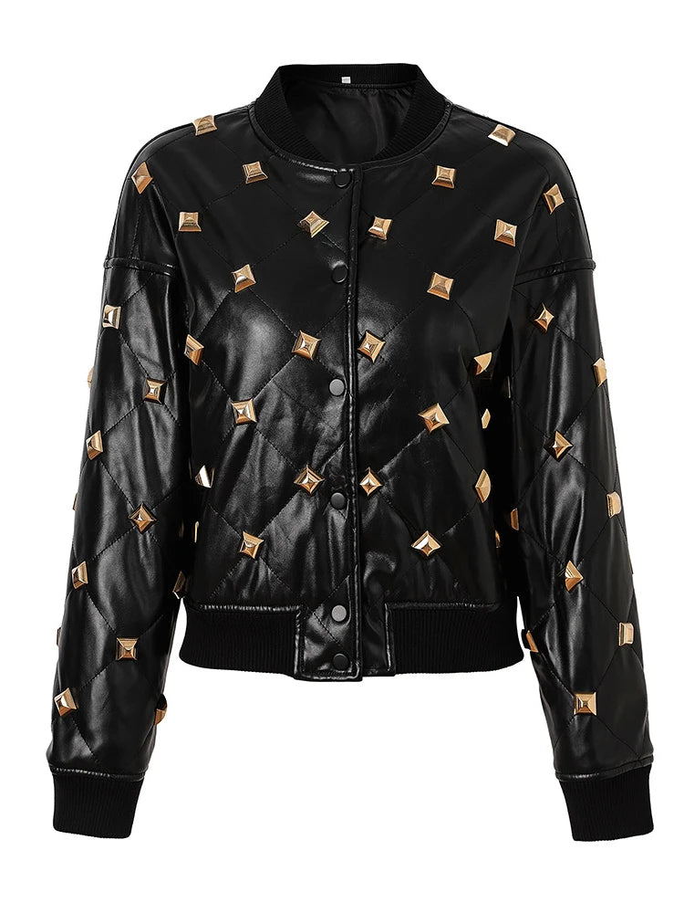 Winter Designer Jacket Women's Rivet Buckle Stand Collar Threaded Splicing Leather Jacket