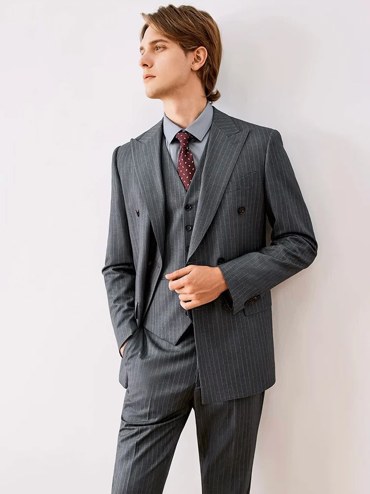 Wool Men Suits Set Grey Stripe Double Breasted Formal Wear Clothing Blazer Vest Pant