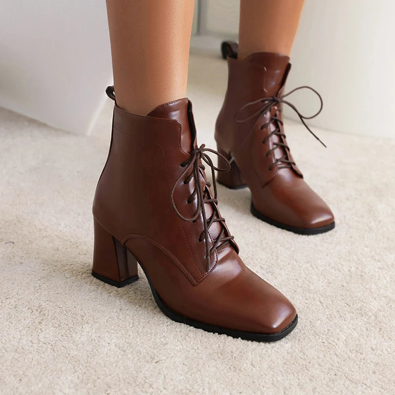 Square Toe Thick Heel Lace-Up Boots Version Of Casual Women's Ankle Boots Autumn