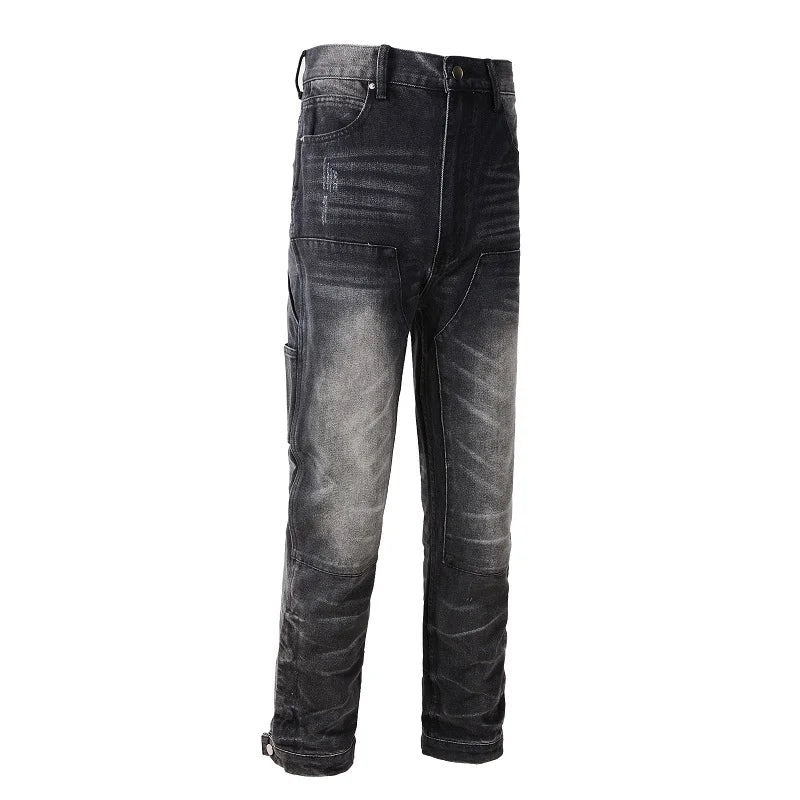 Men's Distressed Grey Splice Baggy Cargo Denim Pants Carpenter Streetwear Jeans Pants