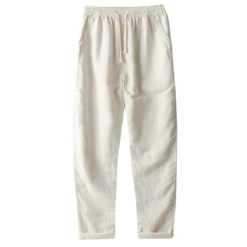 Spring Summer Cotton Linen Casual Pants Men Elastic Waist Solid Straight Breathable Trousers