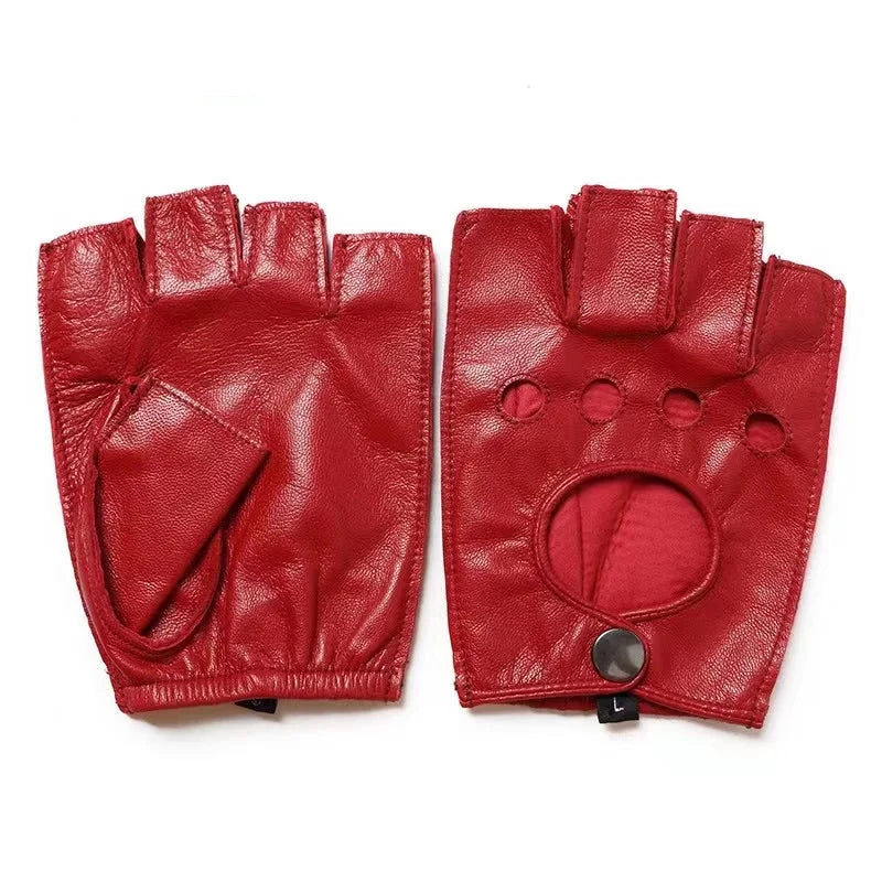 Men Leather Gloves Male Fingerless Breathable Fitness Red Motorcycle Riding