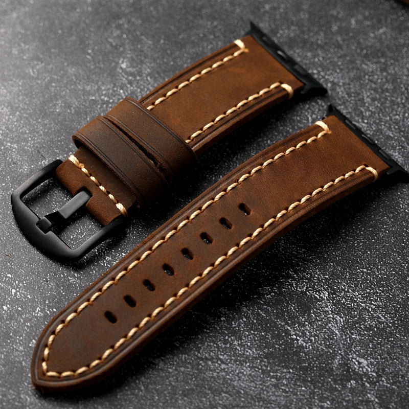 Handmade Leather Watchband Fits Apple Watch Thickened Brushed Leather Vintage Style