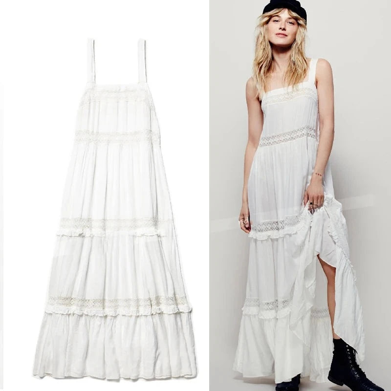 Women Summer Solid White Bohemian Lace Patchwork Casual Maxi Long Dress Lady Sundresses Beach Style