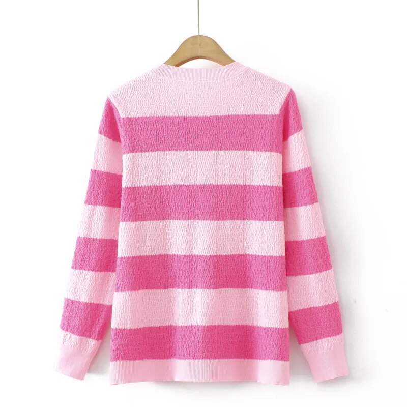 Basic Sweater Women Spring O-Neck Stripe Jumpers Long Sleeve Knit Pullover Oversized Curve Clothes