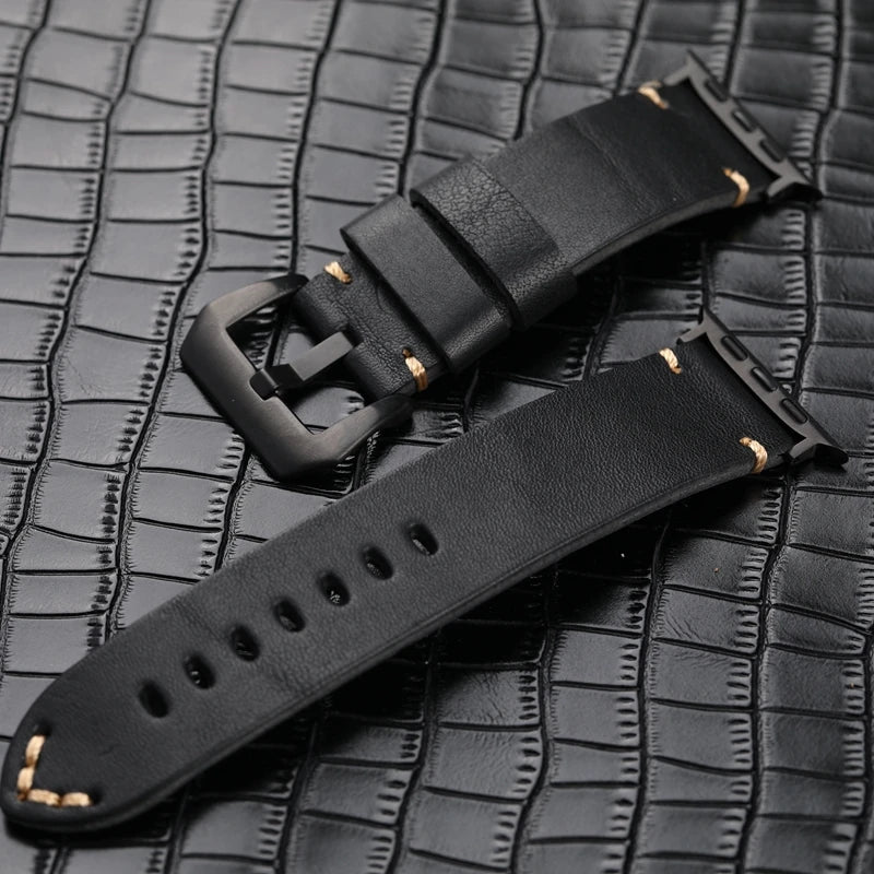 Handmade Black Leather Watchband For Apple iwatch 8/7 Ultra Men Vintage Bracelet