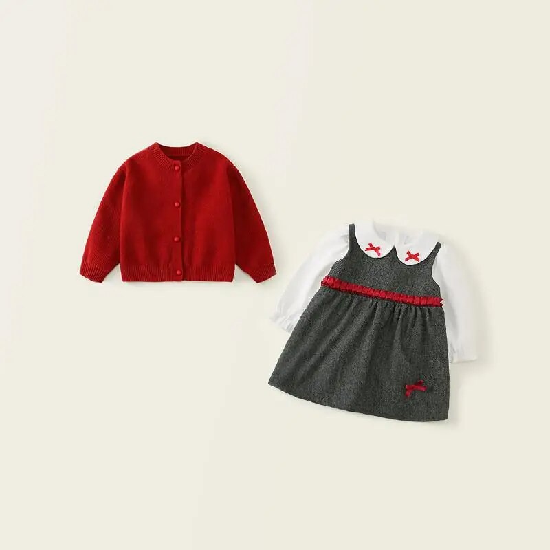 First Birthday Party Dress Set for Baby Girls Kids Red Knitted Cardigan