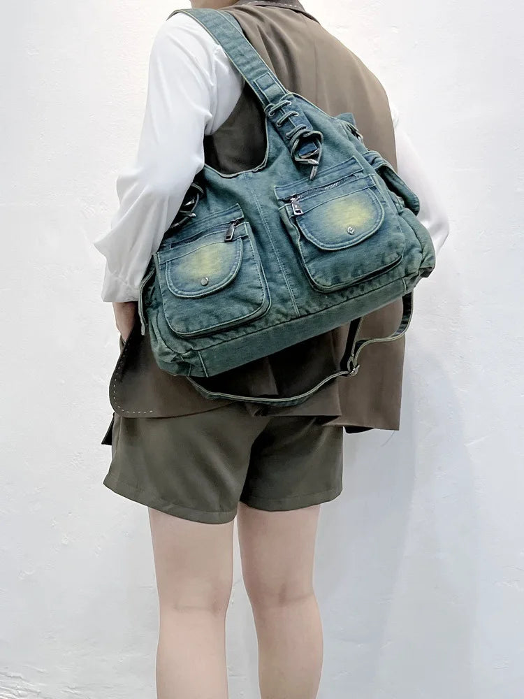 Women Bag Vintage Casual Denim Handbag Lady Jeans Tote Weave tape Creative Shoulder Messenger Bag