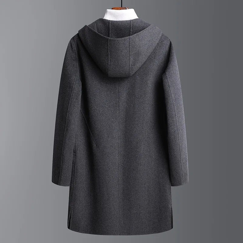 Men's Winter Coat Wool Overcoat Elegant Trench Coats Luxury Warm Hooded Jacket Long Blazer Casual Outerwear Windbreaker