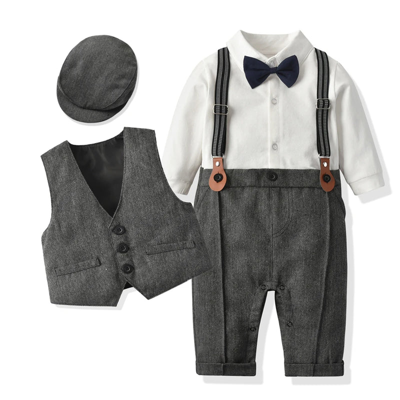 Boy Formal Clothes Set Baby Boys Gentleman Birthday Party Romper Outfit With Hat Vest Long Sleeve Infant Jumpsuit Suit