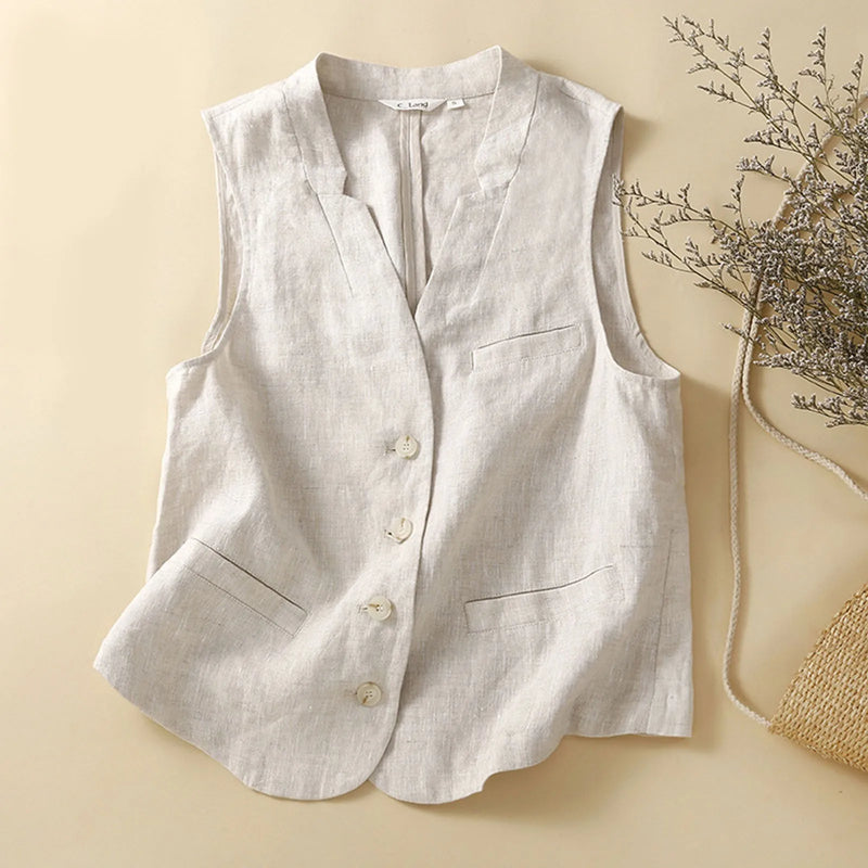 Linen Vest Jacket Sleeveless Thin Summer Coat Solid Color Casual Elegant Women Top