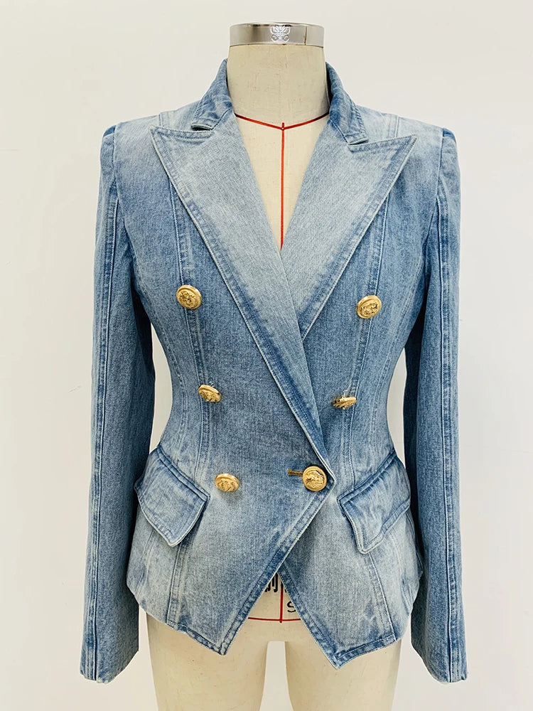 Jacket Women's Slim Fitting Double Breasted Lion Buttons Denim Blazer