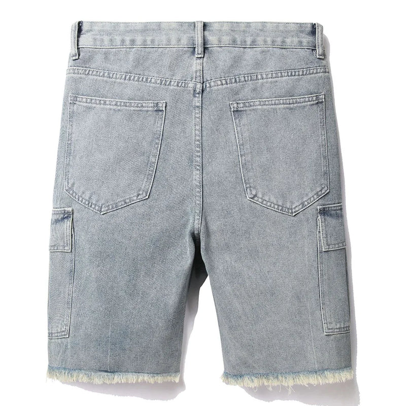 Men Cargo Denim Shorts Summer Fringe Jeans Gray Blue Cotton Knee Length Breeches