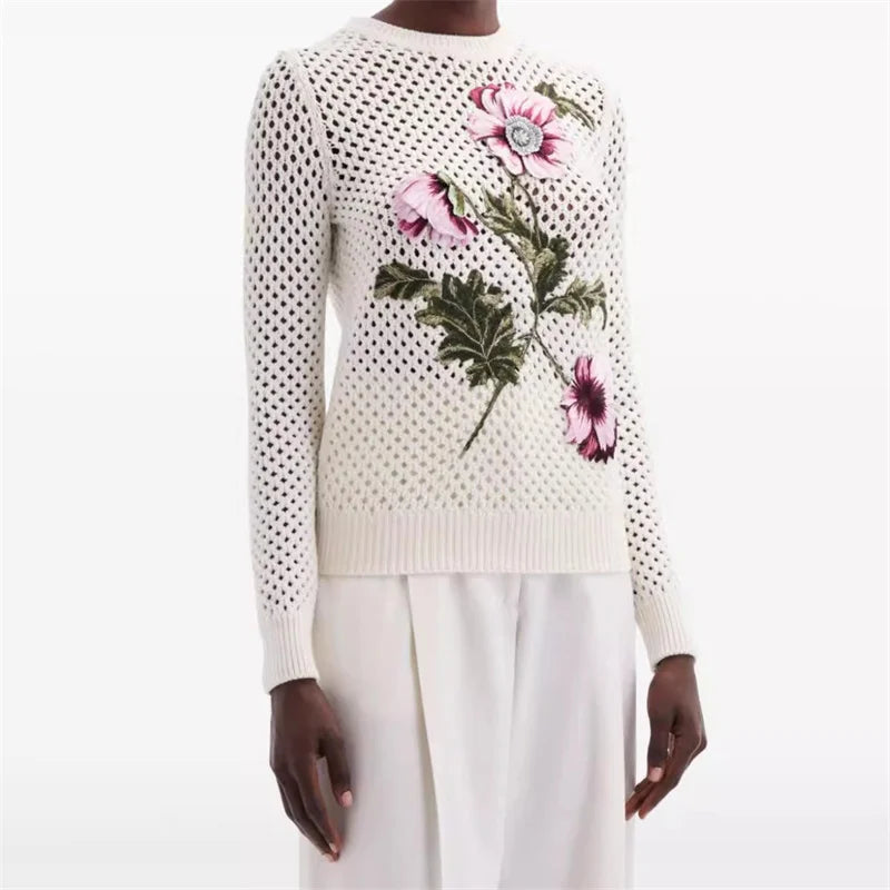 Women's sweater autumn knitted hollow out top Flower embroidered pullover Cashmere blend knitwear