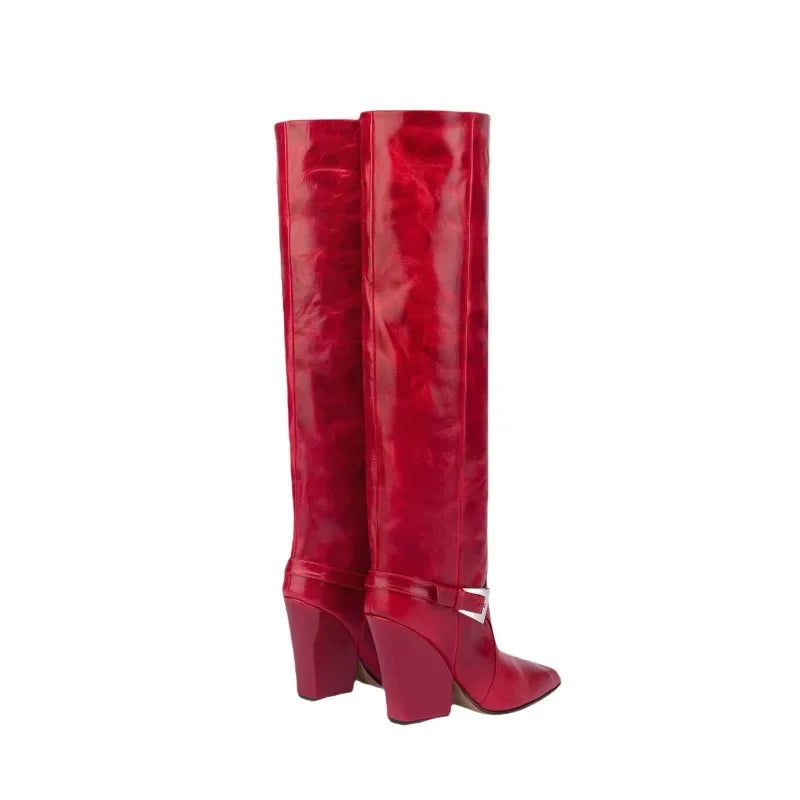 Autumn and Winter Long Boots with Square Toe Thick Heel One Foot Belt Buckle Knee High Boots