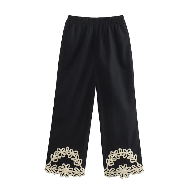 Summer Women Floral Embroidery Black Wide Leg Trousers Casual Female Pants