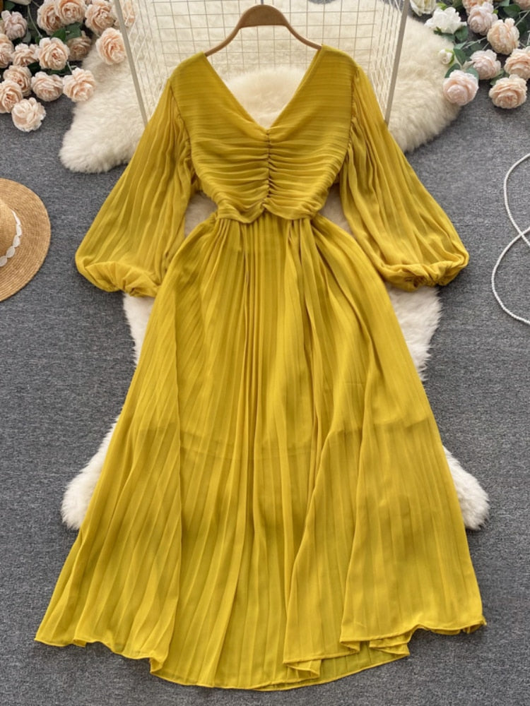 Women Lantern Sleeve Pleated Dresses Spring Autumn Retro Pleated A-line Long Dress Ladies Elegant Party Dress